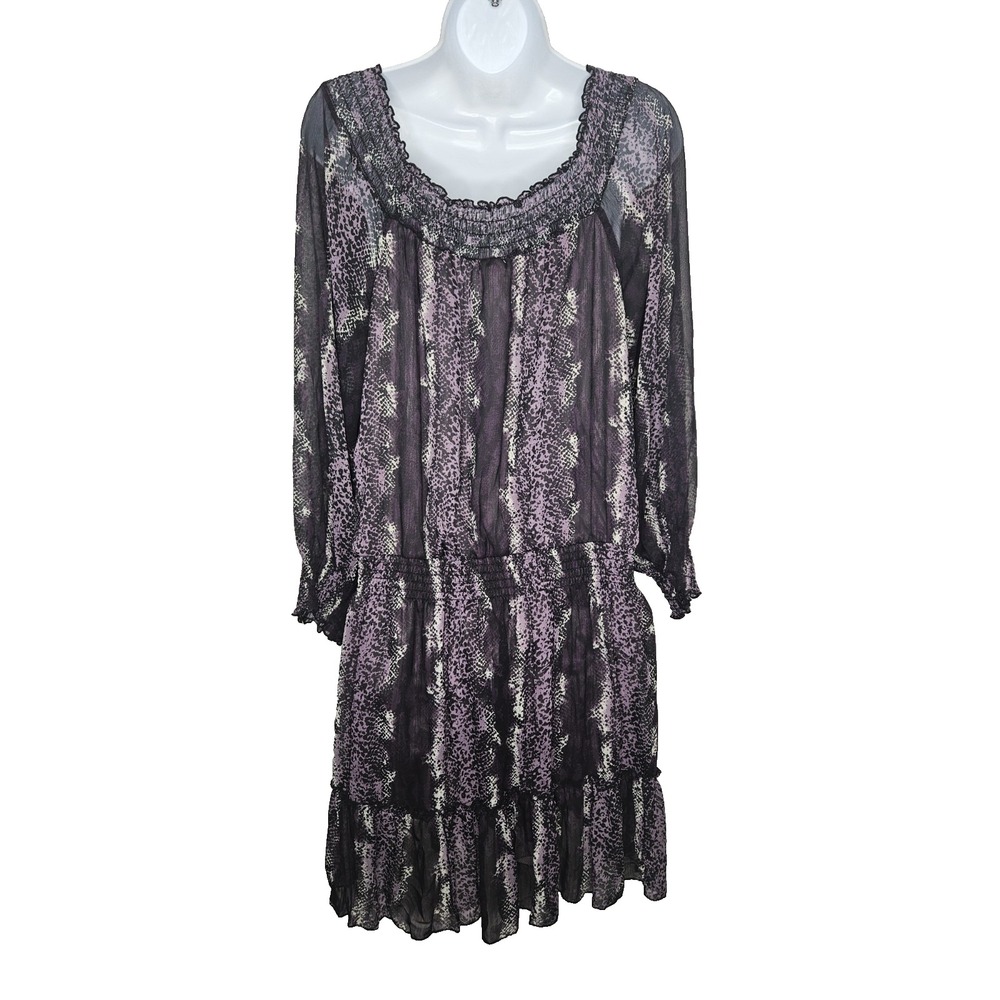 Xhilaration Purple Black Animal Print Boho Mini Dress Long Sleeve XL - Picture 2 of 7